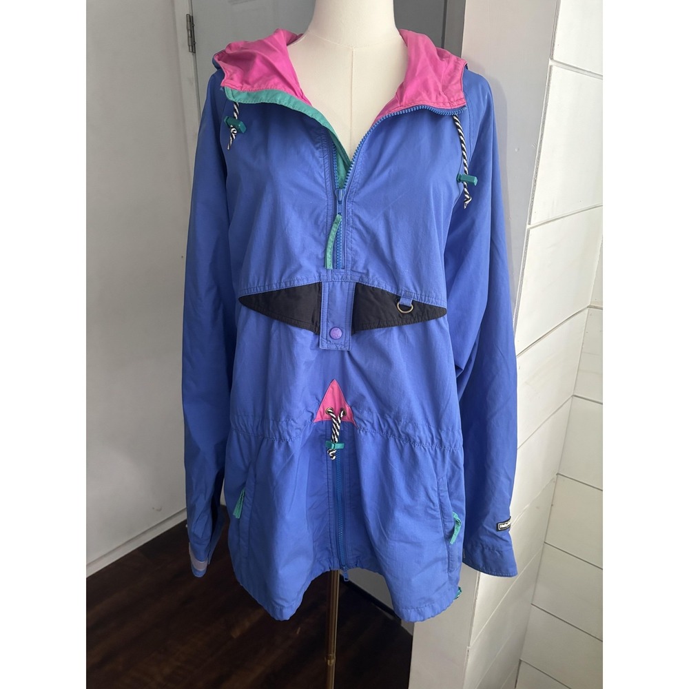 Helly Hansen Jacket Womens Large Blue Pink Hooded Nylon Windbreaker‎ Retro Ski